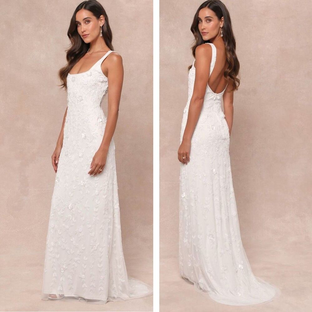 Lulu’s Extraordinary Glamour White 3D Floral Beaded Backless Maxi Dress